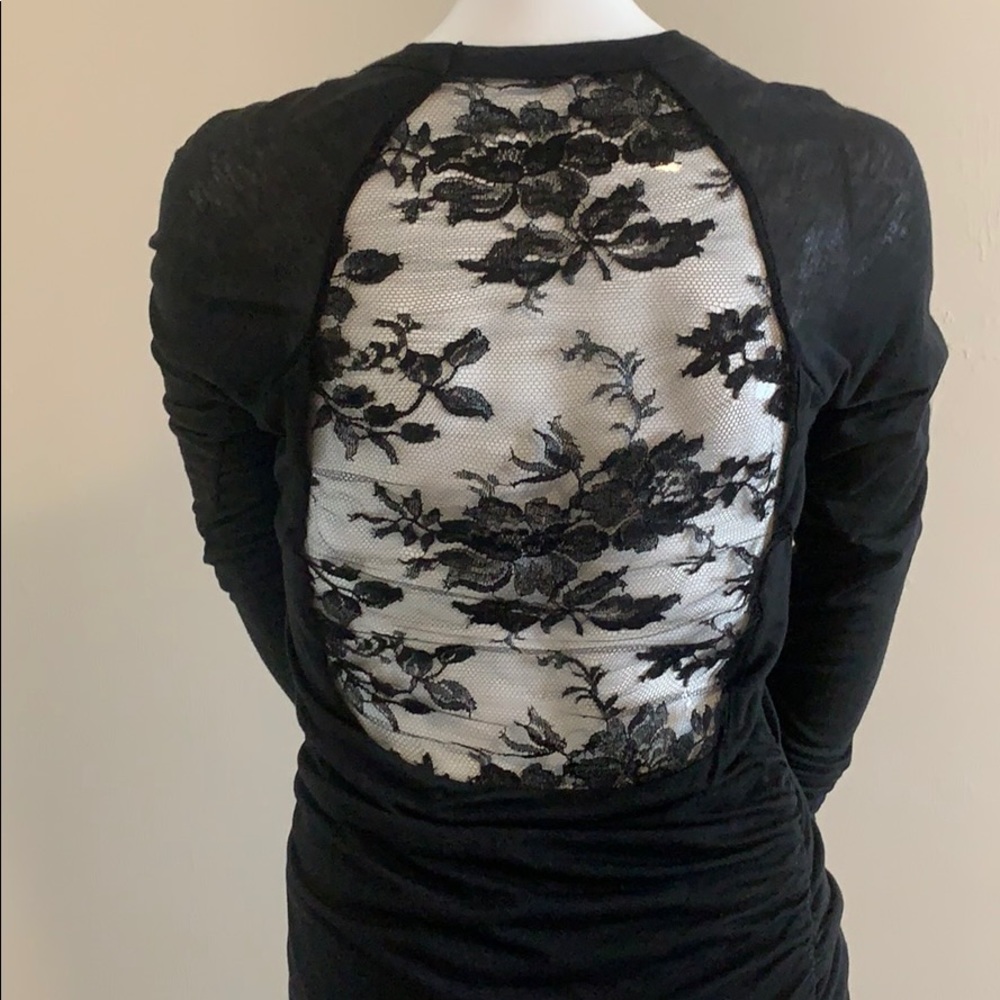 A.L.C. Black Ruched Long Sleeve Dress with Lace Cut-Out Back SM EC - Picture 8 of 15